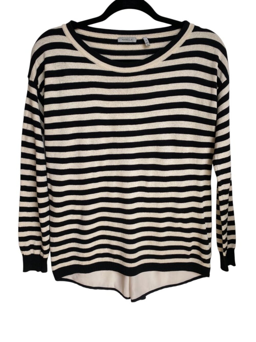 Marella Max Mara Italian Striped Mixed Media Sweater Chiffon Back Black White-M